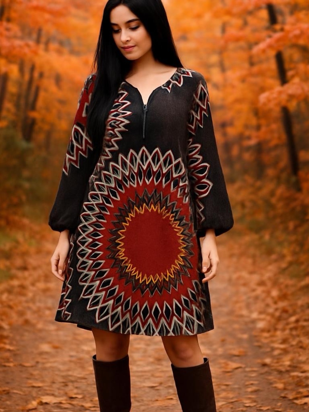 Aryeh Womens Long Sleeve Sweater Dress Red Black‎ Geometric Sunburst Mini Knit M